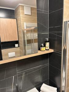 a bathroom with black tiled walls and a mirror at Atelier 35 Studio in Zagreb +44 photos