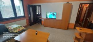 a living room with a table and a tv at WOLF APARTMAN in Považská Bystrica