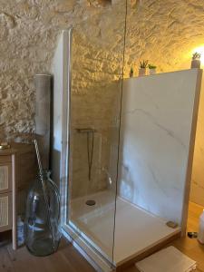 a shower with a glass enclosure in a bathroom at Voute des anges type loft sans cloison in Castelnau-de-Montratier +2 photos
