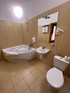 La salle de bains est pourvue d'une baignoire, de toilettes et d'un lavabo. dans l'établissement Бобри плюс, à Novovolynsʼk