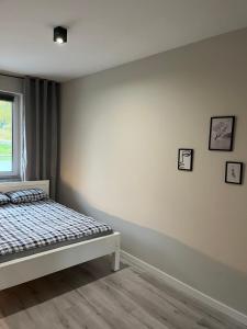 ein weißes Schlafzimmer mit einem Bett und einem Fenster in der Unterkunft PK Premium Apartments 2 in Bolesławiec