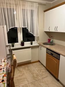 a small kitchen with a sink and a window at Mieszkaj U Marty in Jaworzno