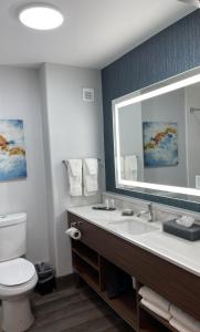 uma casa de banho com um lavatório, um WC e um espelho. em La Quinta by Wyndham Stephenville em Stephenville