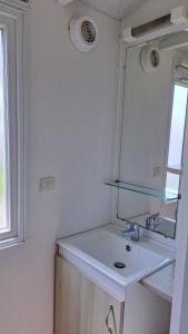 a bathroom with a sink and a mirror at Bungalow T3 V - 15 Min From Nazaré in Pataias