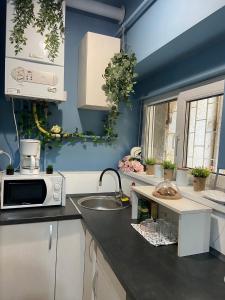 a kitchen with a sink and a microwave at Green Vibes Central Brasov in Braşov