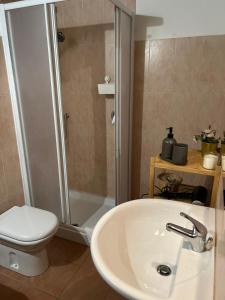 ein Bad mit einer Dusche, einem Waschbecken und einem WC in der Unterkunft Casa Vacanze Oberje dla Viere in Oulx