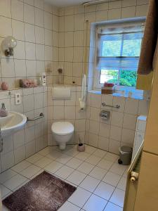a bathroom with a toilet and a sink at Appartement Gartenglück in Nordhorn