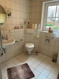 a bathroom with a toilet and a sink at Appartement Gartenglück in Nordhorn