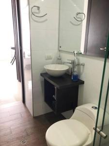 a bathroom with a sink and a toilet and a mirror at Apartamento Buenaventura in Buenaventura