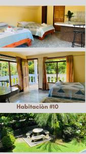 two pictures of a hotel room with two beds at HOTEL QUEPOS PARAISO i in Quepos