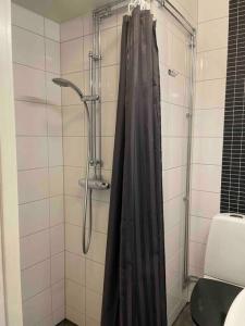 La salle de bains est pourvue d'une douche avec rideau de douche noir. dans l'établissement Brewer by MoraTomten, à Mora