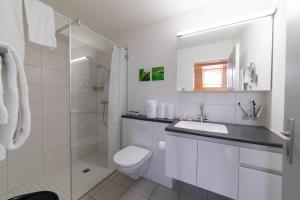un bagno con wc, lavandino e doccia di Vista Montagna a Unterwasser