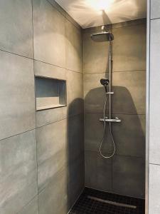 a shower with a shower head in a bathroom at Ferienhaus Bleckhausen in Bleckhausen