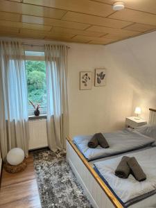 a bedroom with two twin beds and a window at Gemütliche Wohnung nähe Alsfeld - Parkplatz in Alsfeld