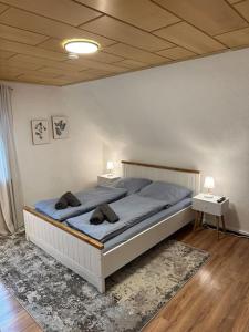 a bedroom with a bed with two pillows on it at Gemütliche Wohnung nähe Alsfeld - Parkplatz in Alsfeld