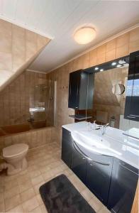 a bathroom with a sink and a toilet and a shower at Gemütliche Wohnung nähe Alsfeld - Parkplatz in Alsfeld