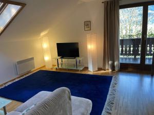 ein Wohnzimmer mit einem blauen Teppich und einem TV in der Unterkunft Apartment Vogelsinger in Ossiach