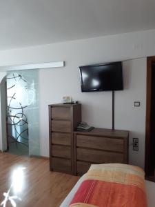 a bedroom with a bed and a tv on a wall at App. Brunner in Valdaora