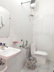 ein Badezimmer mit einem Waschbecken, einem WC und einem Spiegel in der Unterkunft BAGH VILLA HOME STAY in Rājgarh