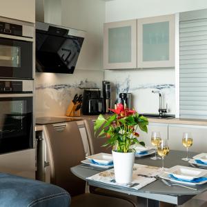 Η κουζίνα ή μικρή κουζίνα στο Traumblick Rügen- Gemütliches Apartment mit traumhaftem Meerblick, Kamin, privater Sauna und Schwimmbadnutzung +33 φωτογραφίες