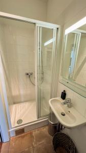 een badkamer met een douche en een wastafel bij Triangle City Center Apartment in Wenen