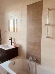 een badkamer met een douche, een wastafel en een bad bij LA MARIEFACTURE - Comme un Livre Ouvert in La Petite-Pierre