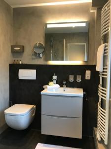 ein Badezimmer mit einem Waschbecken, einem WC und einem Spiegel in der Unterkunft Pension Landart in Wangerland