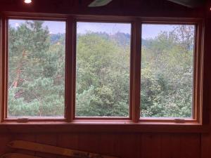 a window in a room with a view of trees at U.P Norse A-frame close to Powderhorn Ski Resort in Ironwood