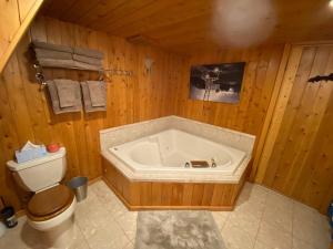 a bathroom with a bath tub and a toilet at U.P Norse A-frame close to Powderhorn Ski Resort in Ironwood