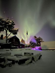 um parque coberto de neve à noite com uma bandeira em Camp Caroli Hobbit Hut em Jukkasjärvi