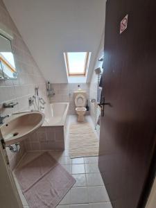 a small bathroom with a sink and a toilet at Cheerful Roof Flat in a Private German Style House in Mannheim