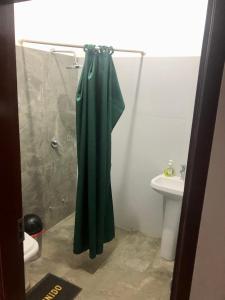 薩邁帕塔的住宿－Casa Tanja，浴室设有绿色的淋浴帘和水槽