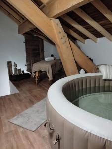 a bathroom with a bath tub in a attic at LE MAZOT-SPA HIVER ET ETE-Piscine-Proche lac-Charme-Détente in Lathuile