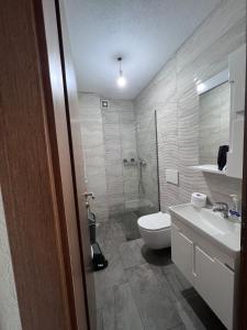 a bathroom with a toilet and a sink and a shower at Hotel Palace Struga in Struga