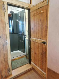 La salle de bains est pourvue d'une douche avec une porte en verre. dans l'établissement Les toits de Miramont, à Montesquieu-Avantès