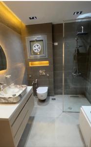 a bathroom with a shower and a toilet and a sink at Comfort and Quit Apartment جاردينيا سيتي in Cairo