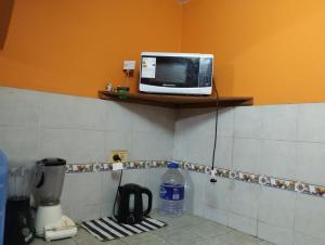 un microondas sentado en un estante en una cocina en La Bea en Recreo