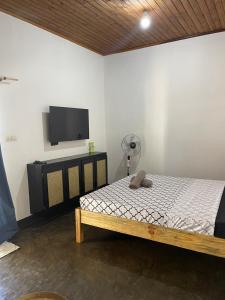 een slaapkamer met een bed en een flatscreen-tv bij STUDIO TIARÉ DIEGO in Antsakomboena
