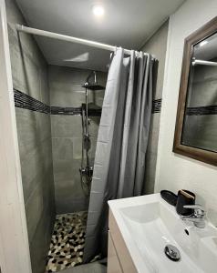a bathroom with a shower and a sink at Jm.HouseSxm in Koolbaai