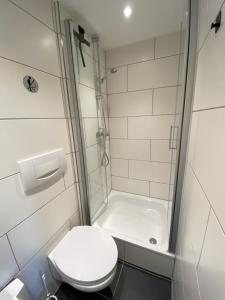 y baño pequeño con aseo y ducha. en Koblenz-Pfaffendorf - eigenes Bad,Küche - Wifi - Parkplatz, en Coblenza