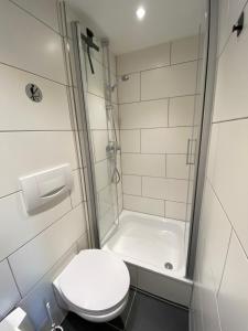a small bathroom with a toilet and a shower at Koblenz - eigenes Bad,Küche - Wifi - Parkplatz - 2 OG in Koblenz