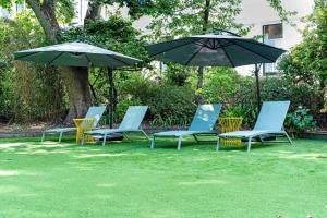 Doubletree By Hilton London Kensington في لندن: مجموعة من الكراسي والمظلات على العشب