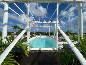 莫雷洛斯港的住宿－LUX Studio ROOM LAS PALMAS PUERTO MORELOS，从房子的阳台上可欣赏到游泳池的景色