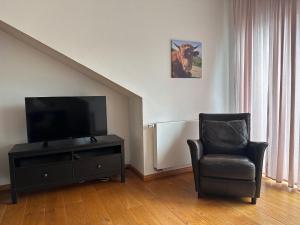 een woonkamer met een stoel en een flatscreen-tv bij Cozy apartment with fireplace and balcony in Brilon