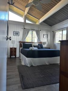 a bedroom with a large bed and a ceiling fan at Amazing Ocean View! in Haleiwa