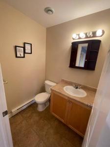 ein Badezimmer mit einem WC, einem Waschbecken und einem Spiegel in der Unterkunft Armdale Urban Lodge, Dine & Stay in Halifax