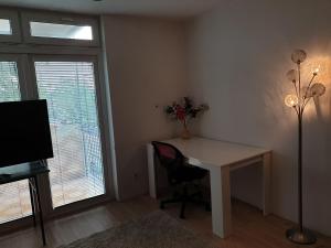 Zimmer mit einem Schreibtisch, einem TV und einem Fenster in der Unterkunft LjubljanaArt Apartment in Ljubljana