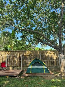 a tent and a chair under a tree at HIRAYA Camp Site - FREE use of SCOOTER for NIPA HUTS in El Nido