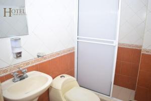 a bathroom with a shower and a toilet and a sink at Hotel Caribe Real Inn in Santa Marta