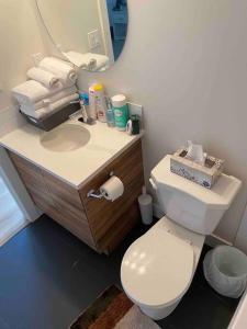 a bathroom with a toilet and a sink with a mirror at Comfy 2BR condo in Seton, Southeast Calgary in Calgary